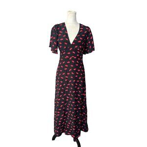 A New Day Black & Red Lip Print V-Neck Midi Dress Size 6